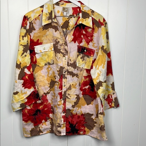 JM Womens blouse 18 Red/Yellow Spread Collar Button Up 100% Linen Floral Loose - Picture 1 of 12